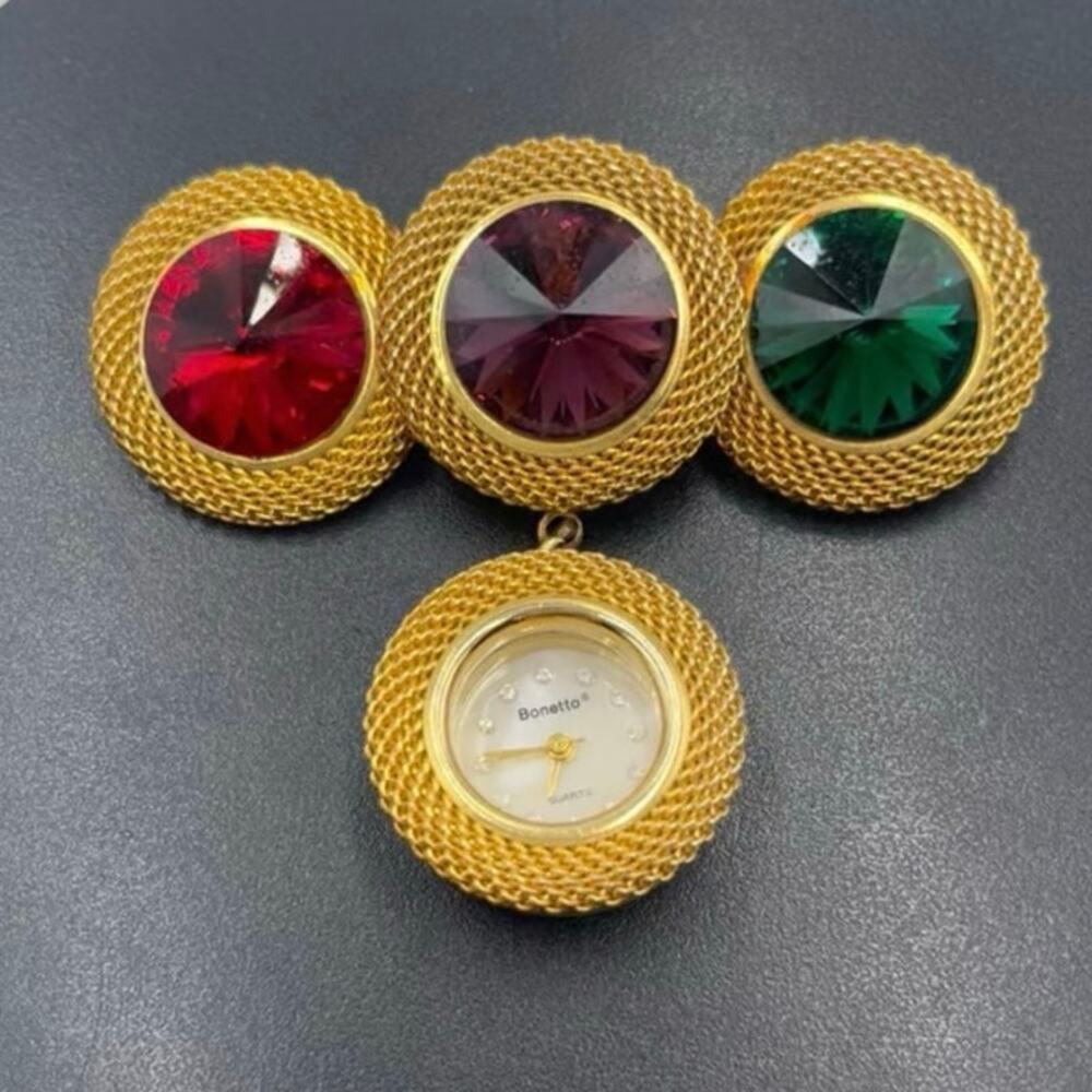 BONNETTA Vintage Gemstone Rhinestone Gold Tone Metal Mesh MOP Watch Brooch